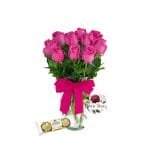 Florero 10 Rosas Rosadas + Bombones Ferrero