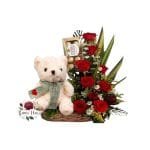 Arreglo 10 Rosas Rojas + Peluche + Bombones Ferrero