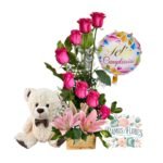 Arreglo 8 Rosas Rosadas + Lirio + Peluche + Globo