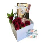 Box Cuadrado 6 Rosas Eternas De Jabón + Espumante Limited Brut Rose + Caja Bombones Ferrero
