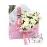 Box Cartera 5 Rosas +Astromelias + Espumante Jp Chenet Ice Rosé + Copa de Vidrio Espumante