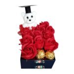 Box Cuadrado 10 Rosas Eternas De Jabón + Bombones + Oso Grado