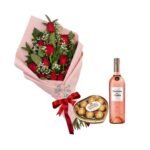 Ramo 10 Rosas Rojas + Bombones Ferrero + Botella Vino
