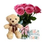 Florero 6 Rosas Rosadas + Peluche
