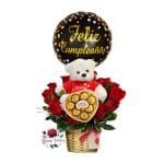 Arreglo 12 Rosas Rojas + Peluche + Bombones Ferrero + Globo
