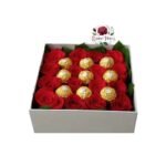 Box Cuadrado 16 Rosas + Bombones