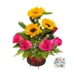 Box Cilindro 4 Rosas + 3 Girasoles + Botella de Vino